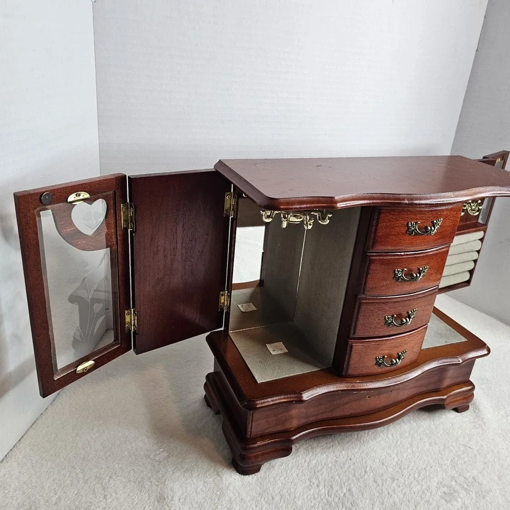 Wood Jewelry Box Chest w/ Mirror, Velvet Lined, Ring Holder, Heart, Brown